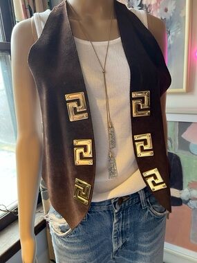 Vintage Stitches  Brown Suede Vest with Gold-Tone Hardware
